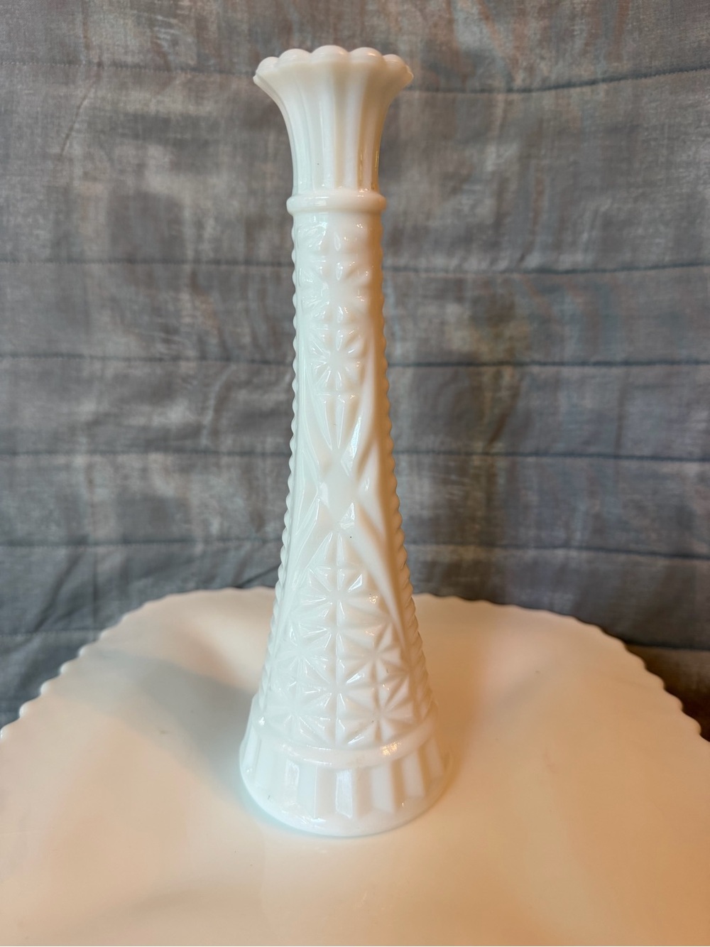 Vintage Anchor Hocking White Milk Glass Bud Vase Geometric Pedestal 9"
